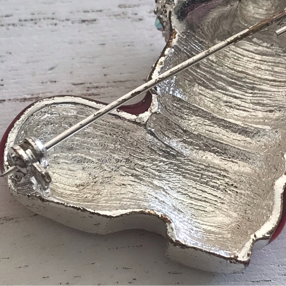 Vintage Cat In Stocking Christmas Holiday Brooch With Clear Rhinestones - Picture 6 of 12